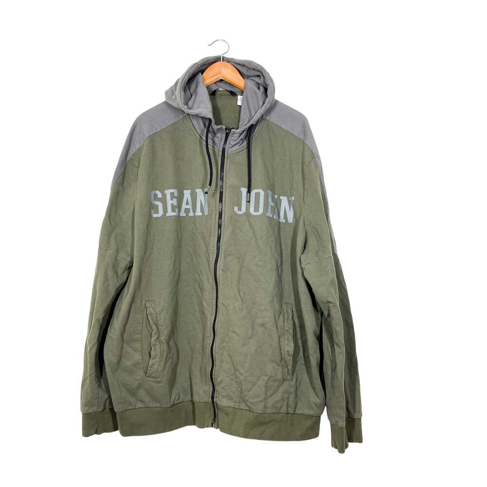Sean John Men’s Cotton Full‎ Zip Hoodie Sweatshirt Sz 4XB Green Gray Logo